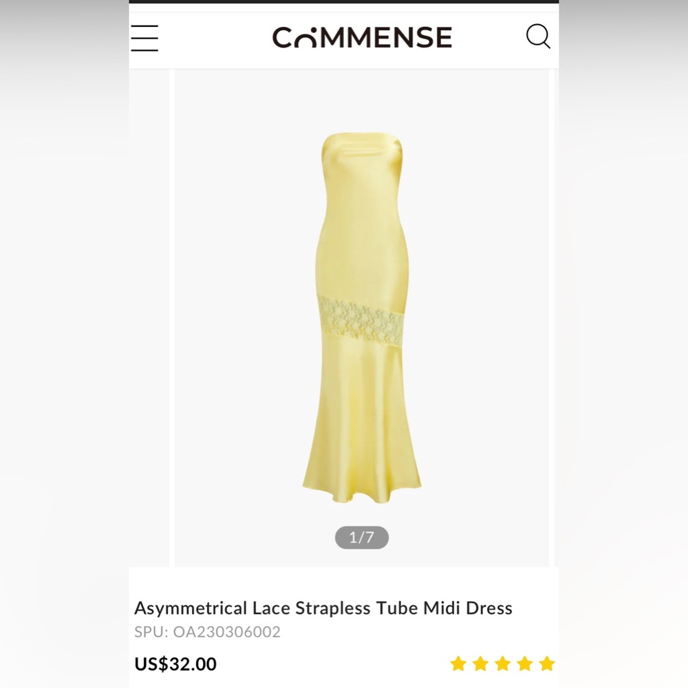 Commense Women’s Yellow Assymetrical satin & lace strapless maxi dress. NWT XS